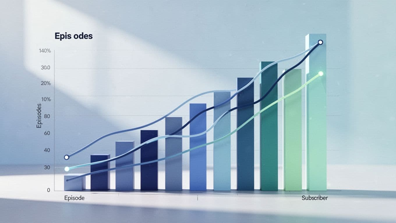 Rising bars on a dashboard illustrate podcast episodes and subscriber trends over time.