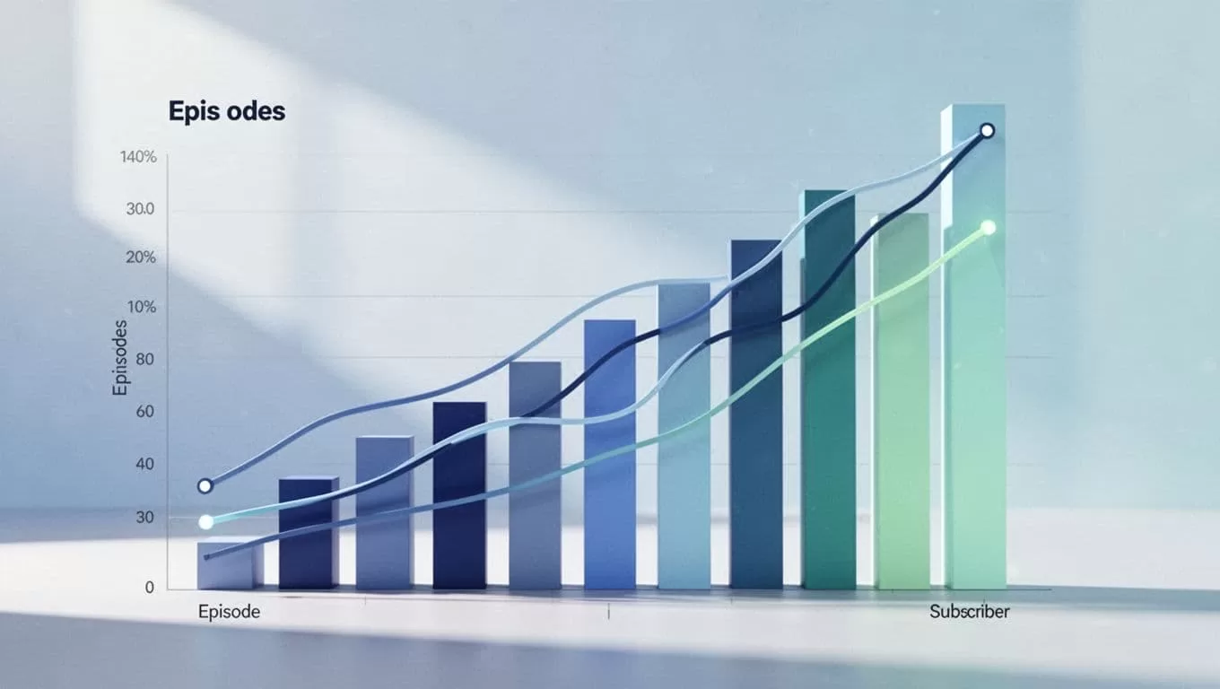 Rising bars on a dashboard illustrate podcast episodes and subscriber trends over time.
