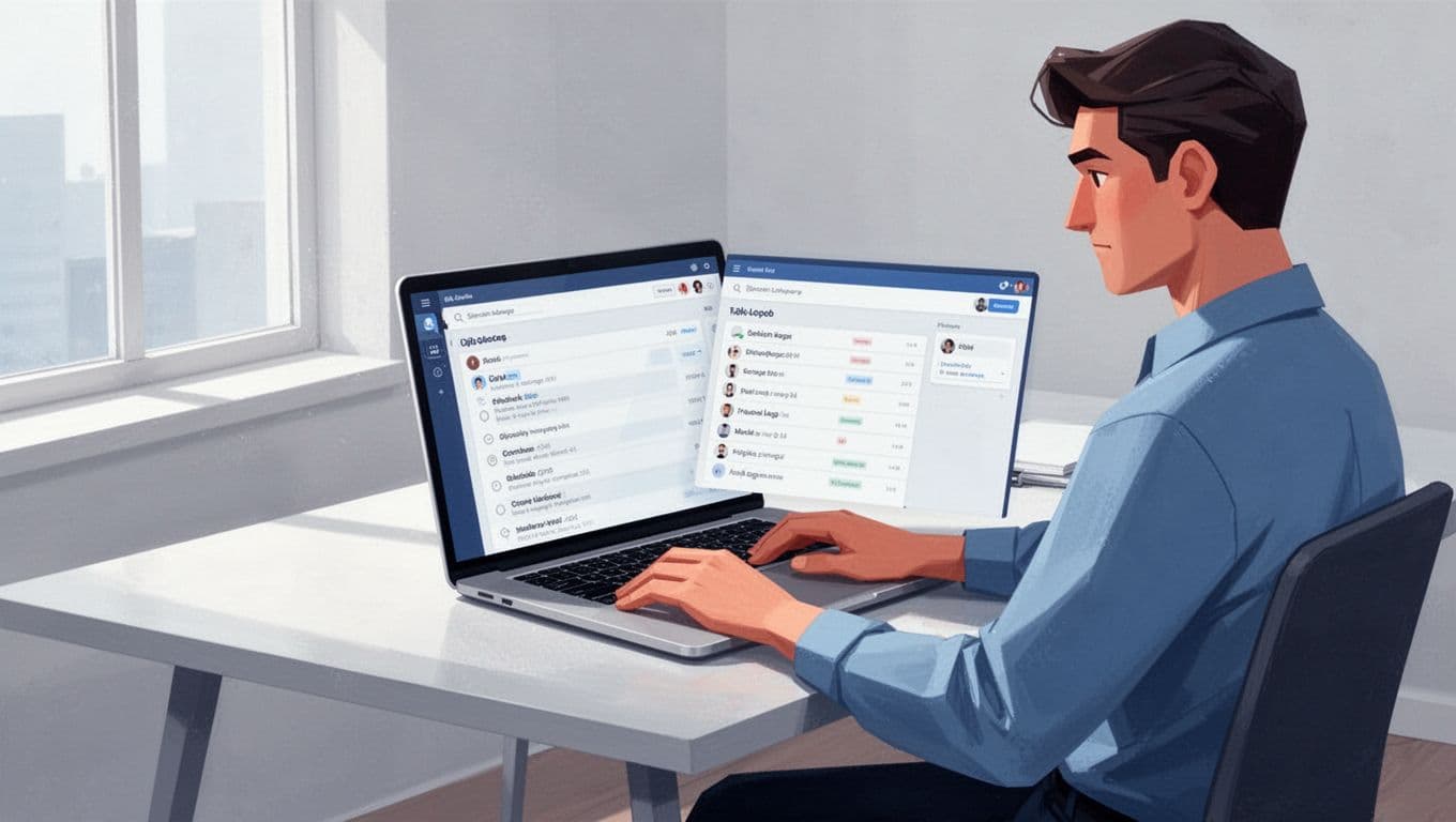 Modern illustration of one person in a bright home office using a laptop open to Hunter.io dashboard, searching for podcast guest emails with company domain entered and email results visible.
