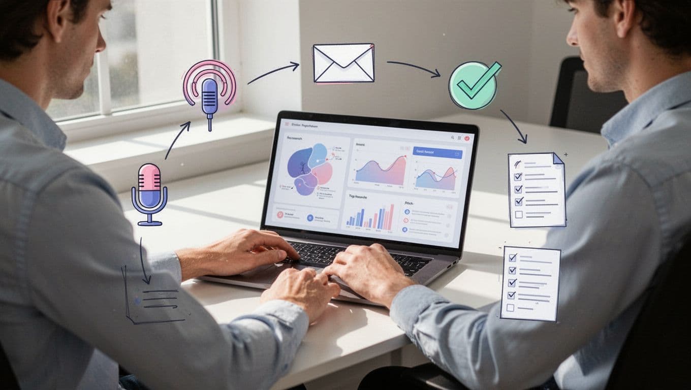 Modern illustration of a person at a desk with a laptop displaying the Hunter.io dashboard, surrounded by icons for podcast microphone, email, verification, and lists, connected by workflow arrows from research to pitch.