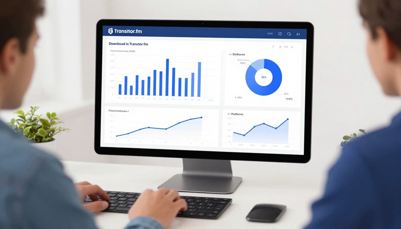 Modern illustration of a podcast host at a clean desk with laptop displaying Transistor.fm-style analytics dashboard featuring download charts, platform pie charts, and trend line graphs.