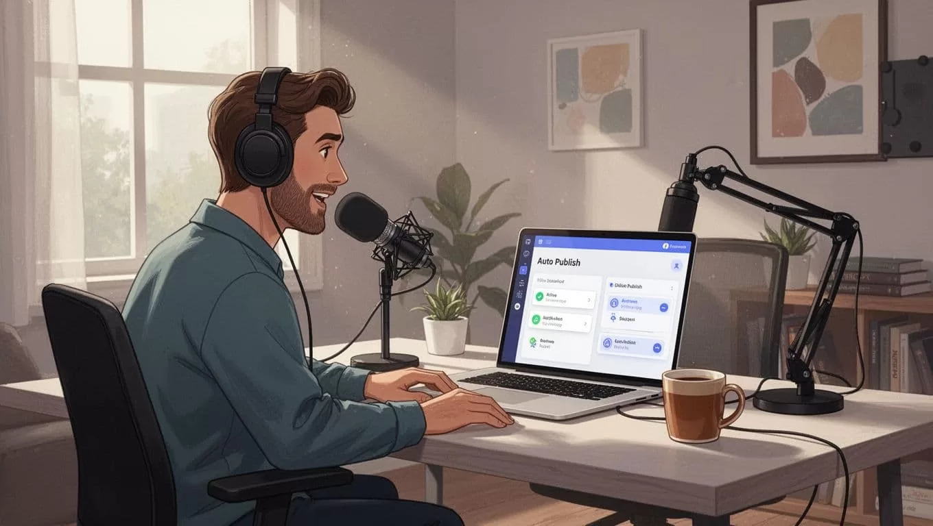 Podcast host at desk with microphone, angled laptop showing Transistor.fm auto-publish dashboard, and coffee mug.