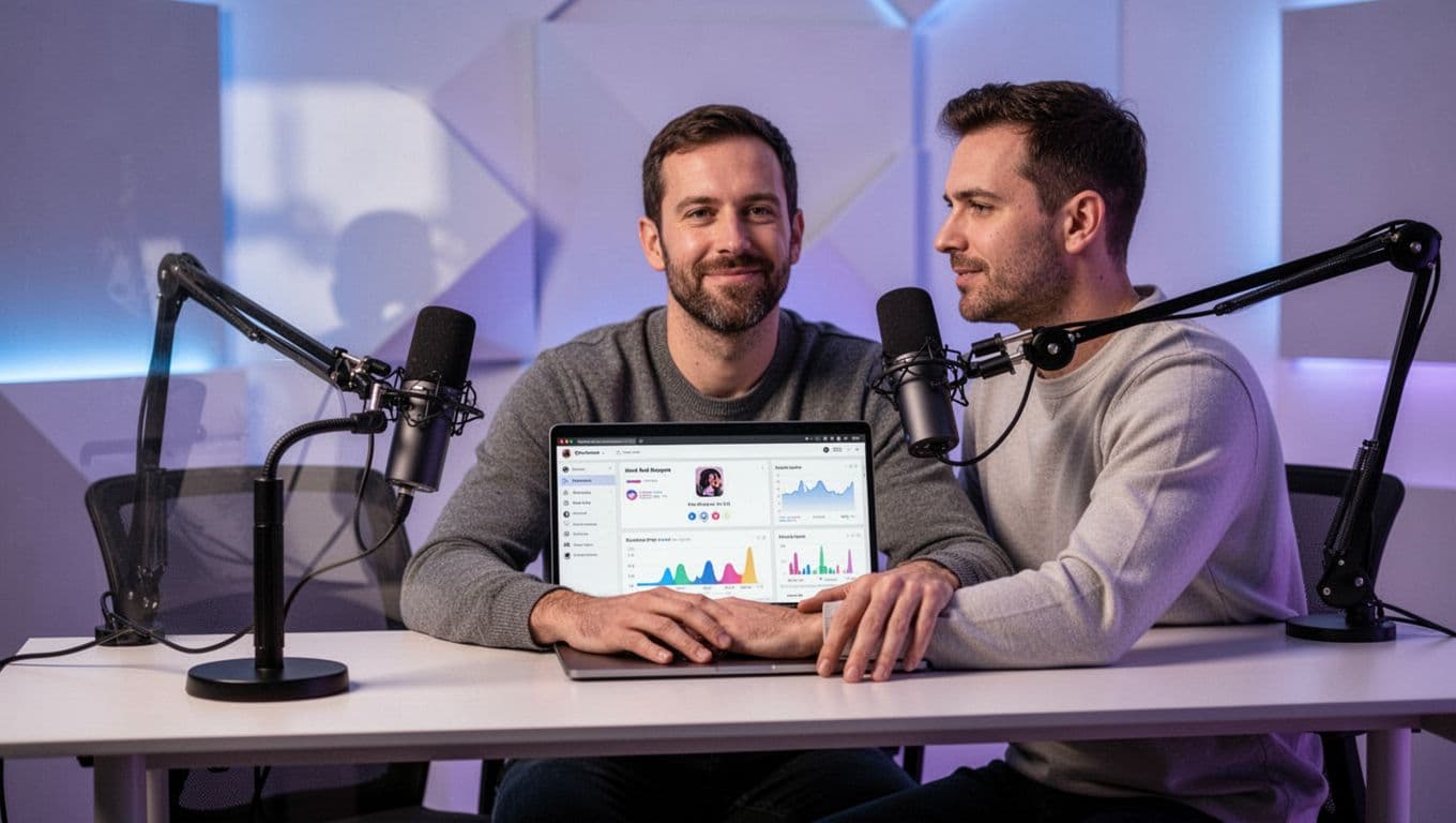 Illustration of a single podcast host seated at a modern desk with a microphone and laptop displaying the Transistor.fm dashboard, in soft lighting and a clean blue-purple palette.