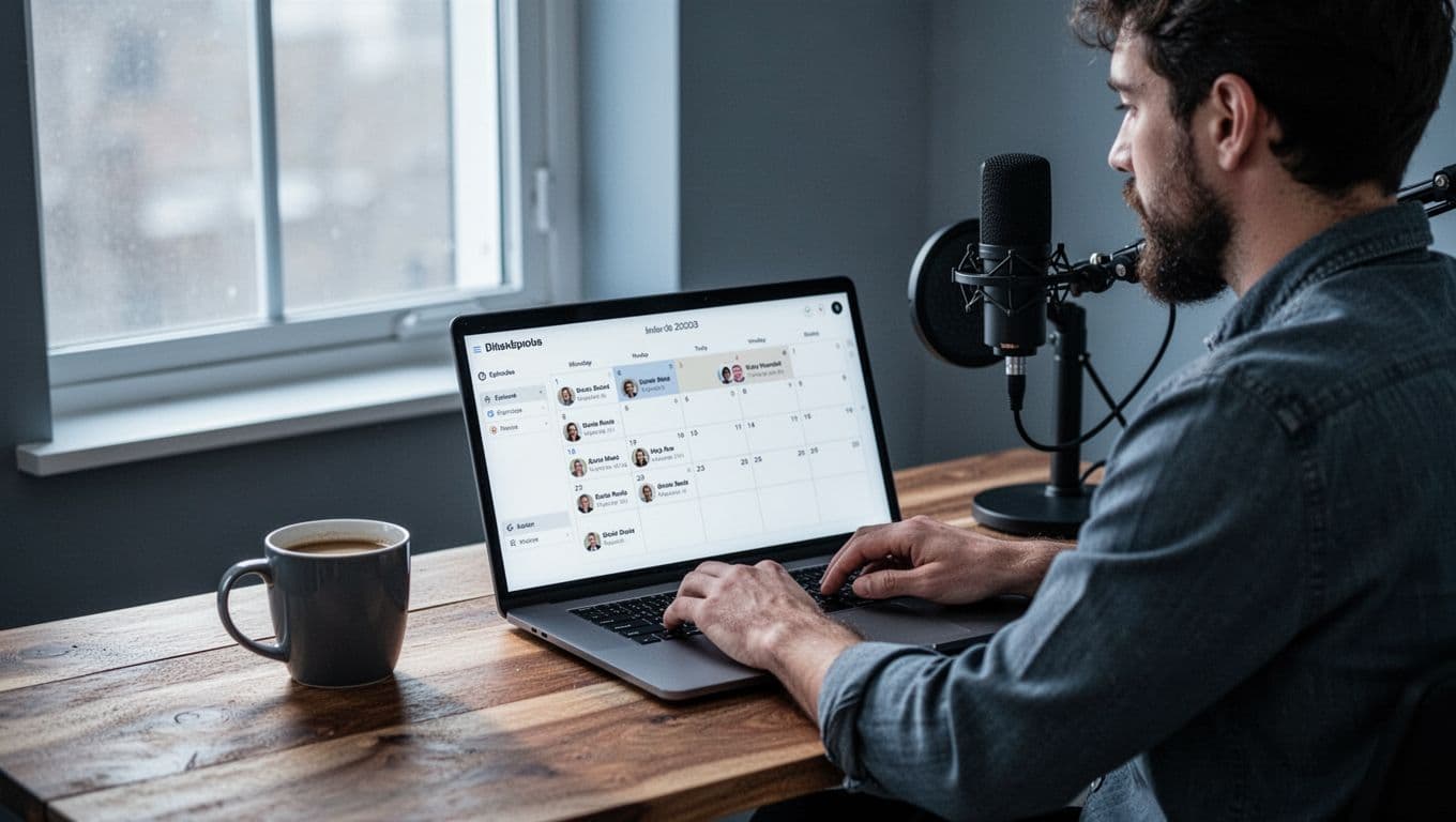 Podcast host at desk with laptop showing calendar scheduling dashboard, coffee mug and microphone nearby.