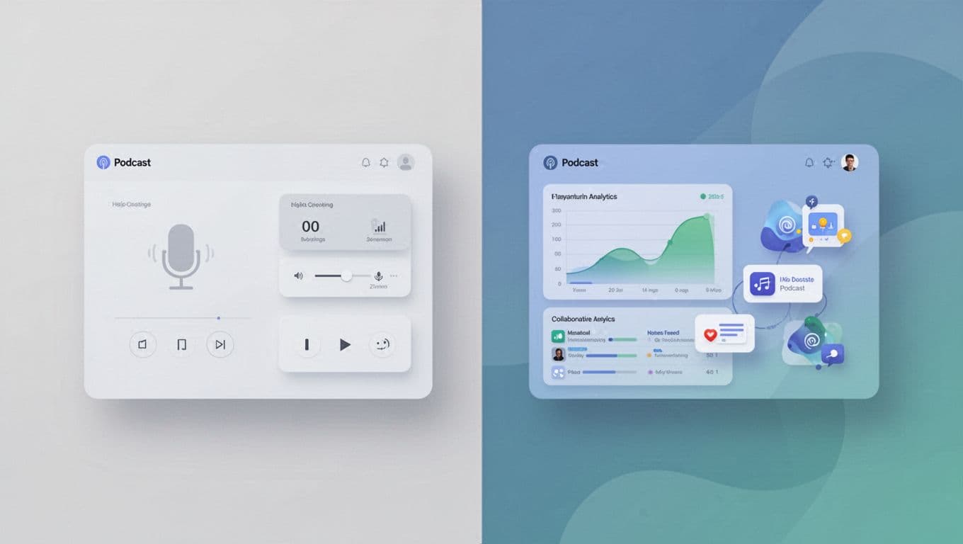 Modern split-screen illustration comparing podcast hosting platforms: one side shows simple interface, the other advanced analytics, team collaboration, RSS distribution, and private feeds icons on a neutral background with clean shapes and blue-green tones.