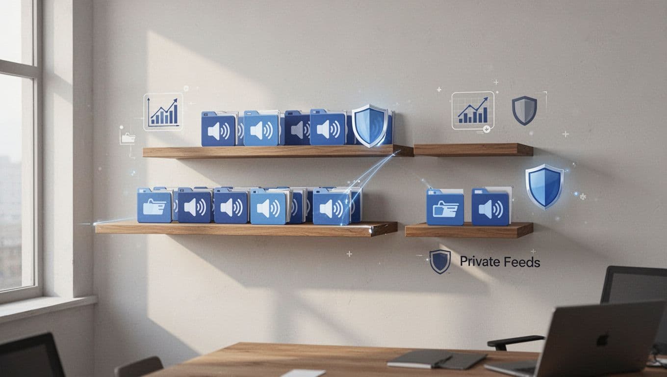 Shelves of audio files depict podcast platforms: one unlimited, others limited, with analytics and private feed icons on office wall.
