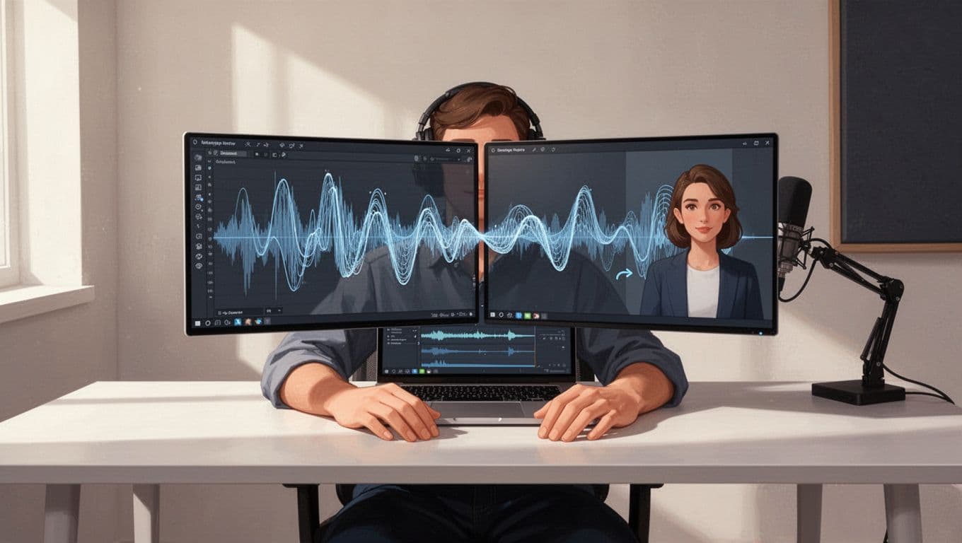Podcaster at desk with laptop showing audio waveforms flowing from left old host dashboard to right new host dashboard.