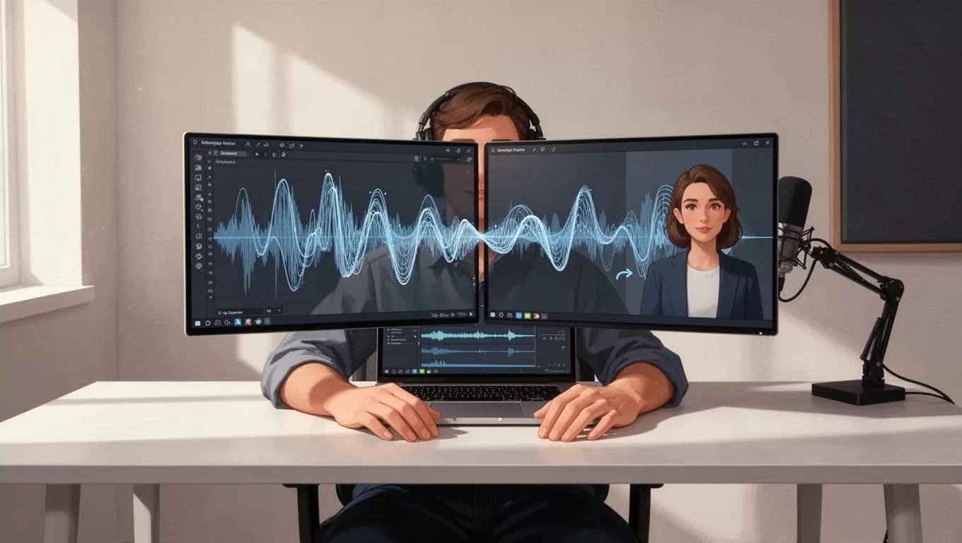 Podcaster at desk with laptop showing audio waveforms flowing from left old host dashboard to right new host dashboard.