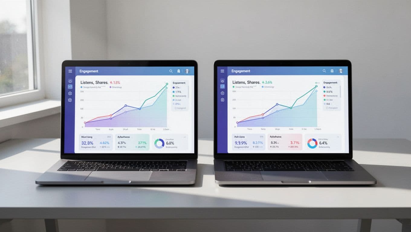 Modern illustration of side-by-side laptop screens displaying rising graphs for listens, shares, and engagement metrics in a clean style.