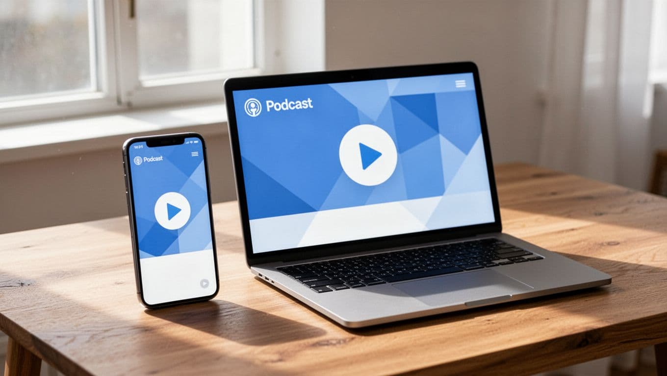 Mobile phone and laptop on table display clean podcast landing page with play buttons.