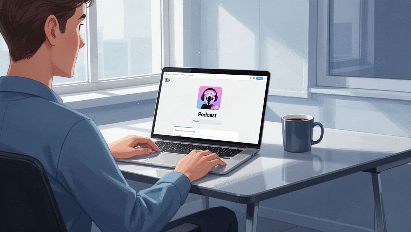 Person at modern desk with laptop open to podcast landing page interface, coffee mug nearby, window light.