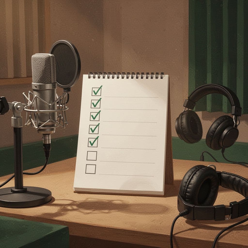 Modern illustration of a checklist on a notepad next to podcast microphone and headphones in a cozy studio with warm lighting and earthy tones.