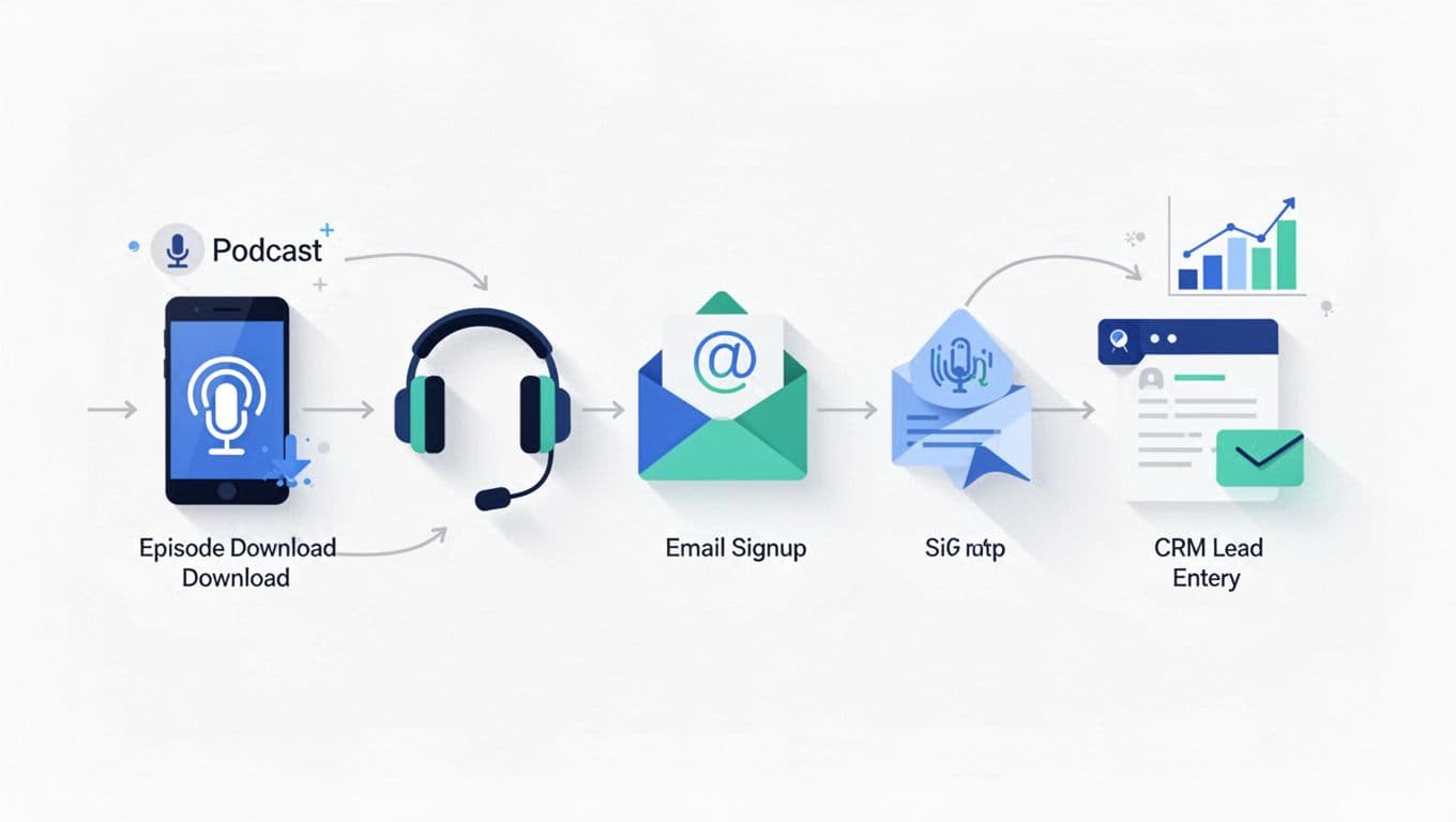 Blue-green flowchart shows journey from episode download to CRM lead with microphone, headphones, email signup, and analytics icons on white background.
