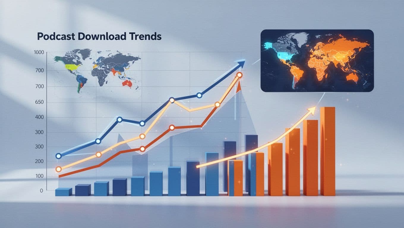 Modern illustration featuring colorful line graphs and bar charts depicting podcast download trends over time, with an inset world map highlighting global listener locations.