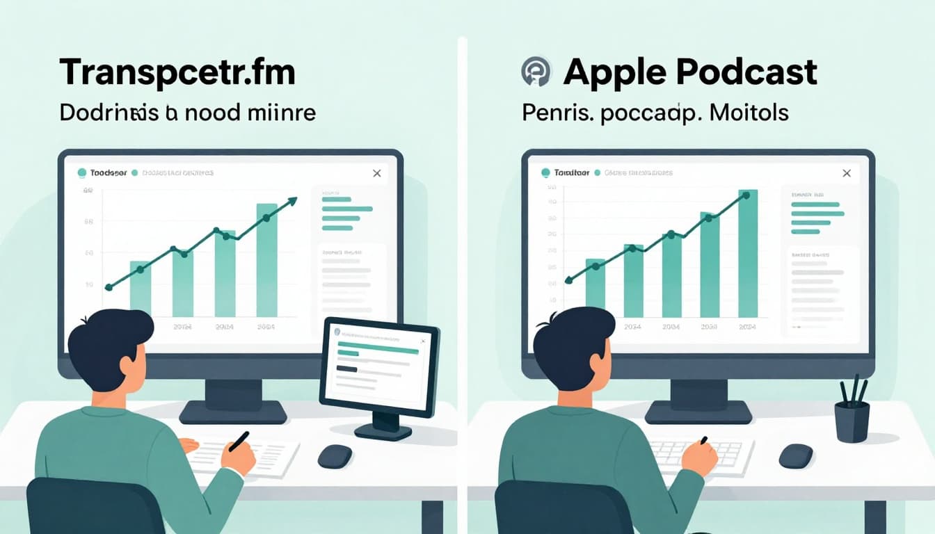 Modern illustration of one person in a simple office comparing side-by-side charts of podcast download metrics from Transistor.fm and another platform like Apple Podcasts, with arrows highlighting discrepancies; clean shapes, blues and greens palette.