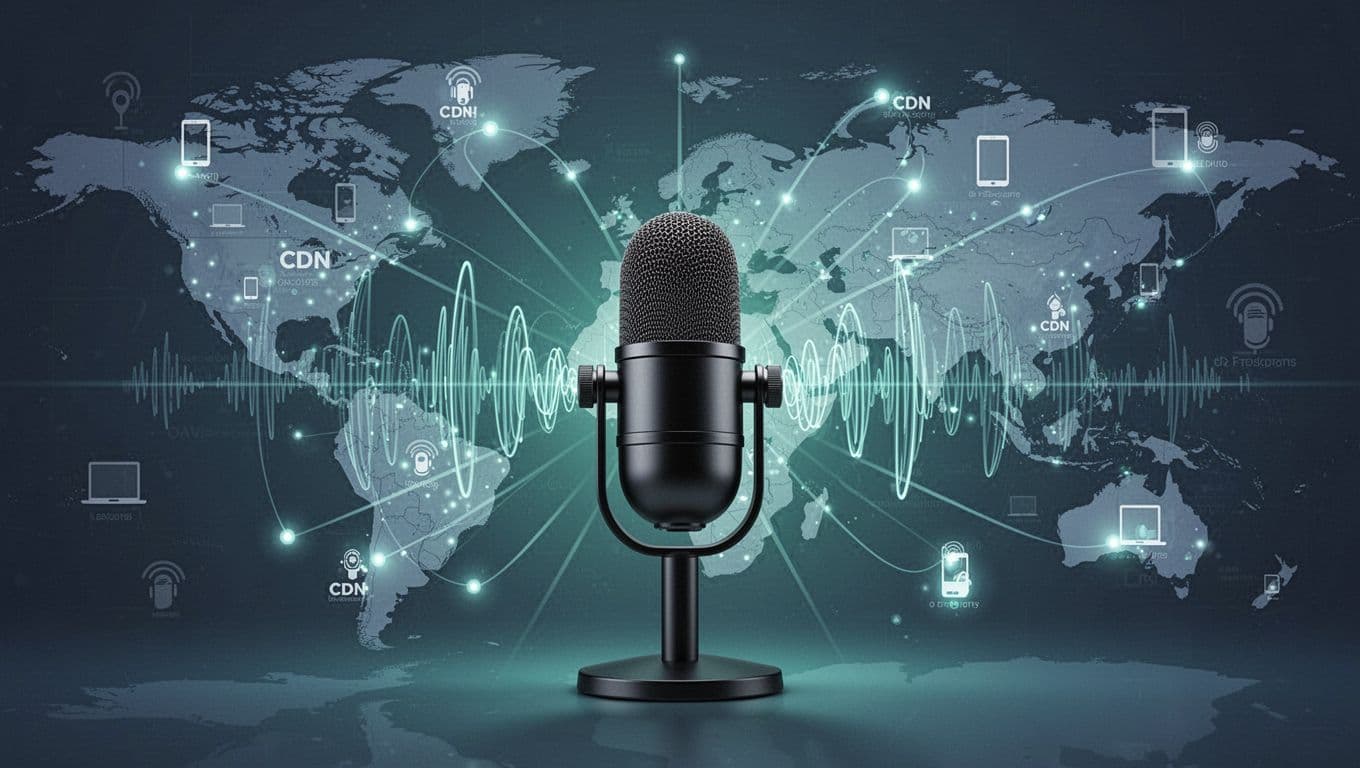 Podcast microphone sends audio waves across world map to devices via glowing CDN nodes.