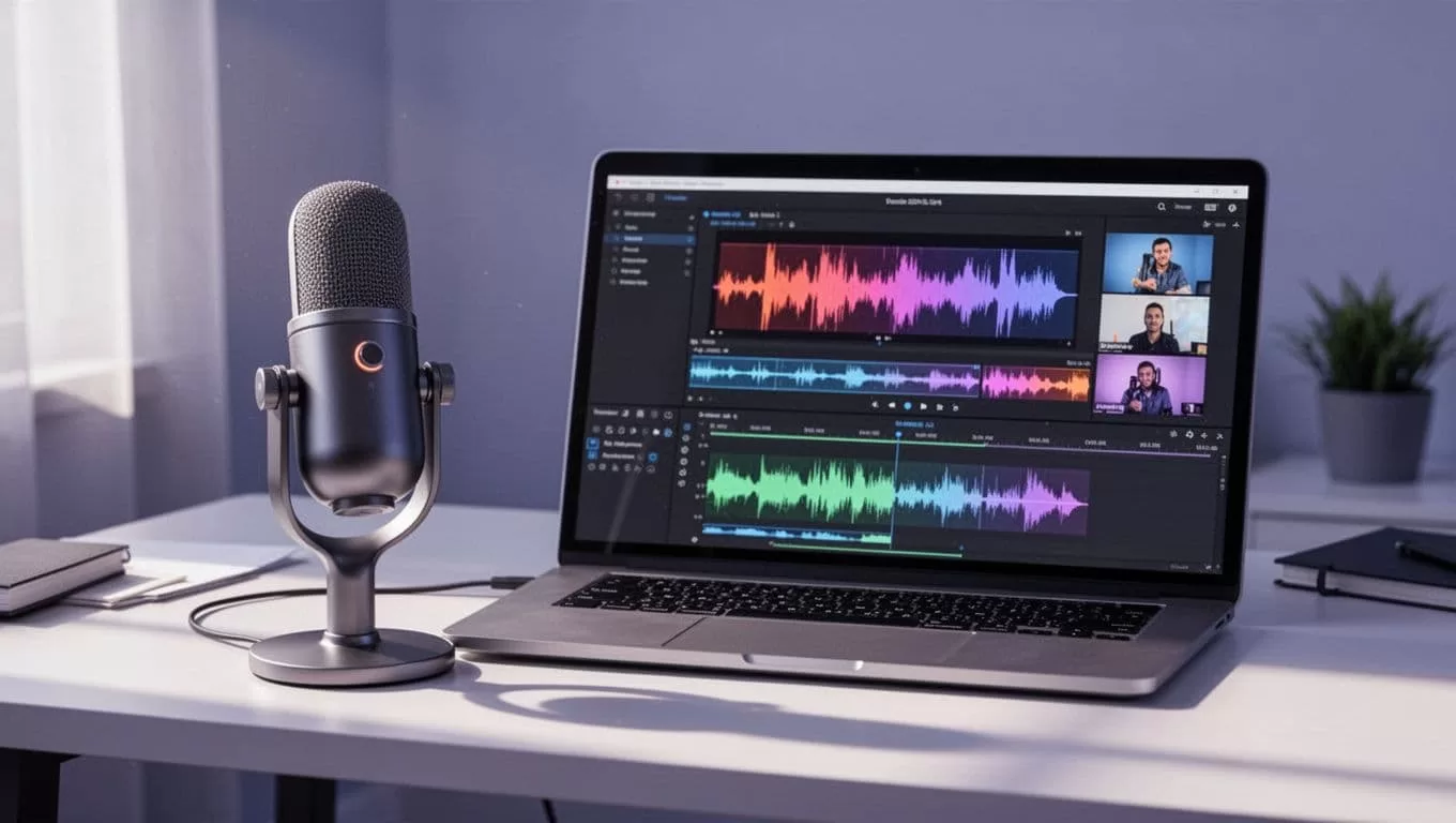 Modern illustration of a podcast microphone next to a computer screen showing a video clip editor interface with waveforms and short video highlights being generated. Clean shapes, blue and purple palette, desk setup with soft lighting.