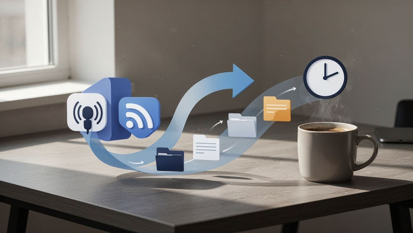 Flowchart shows podcast shift from old host to new platform via RSS arrow, file transfer, and clock icon on desk with coffee mug.