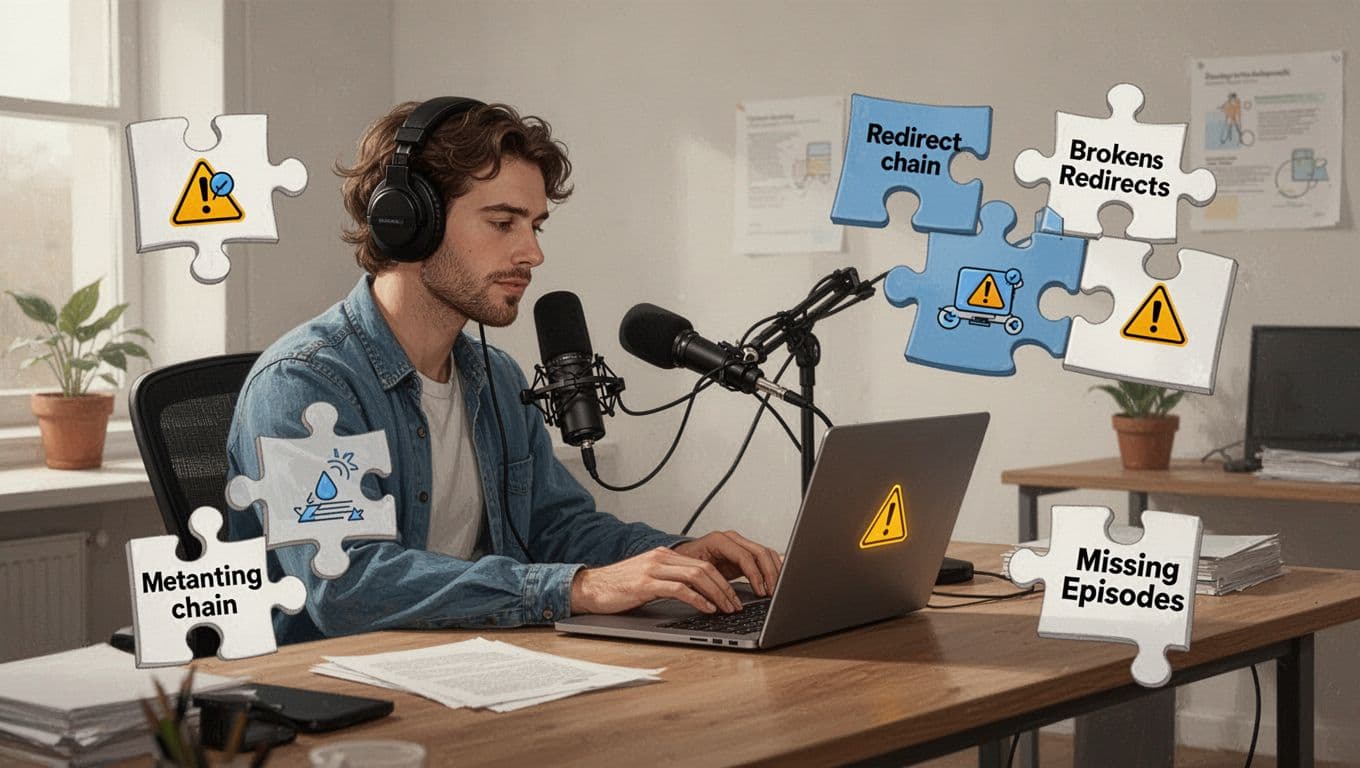 Podcaster at laptop with warning icons and mismatched puzzle pieces showing broken redirects and missing episodes in simple office.