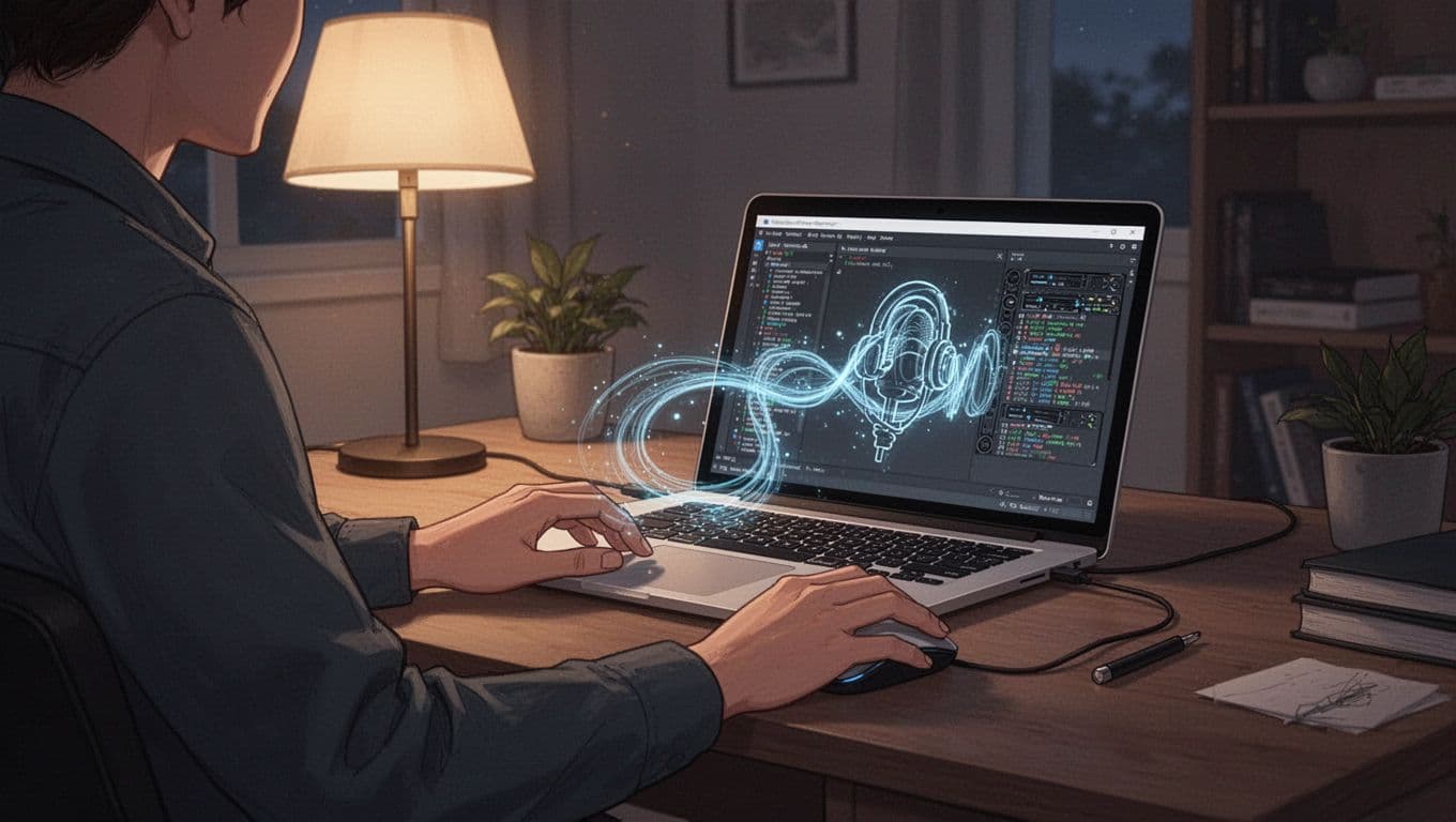 Podcaster in cozy evening office uses computer to transfer RSS feed to self-hosted server.