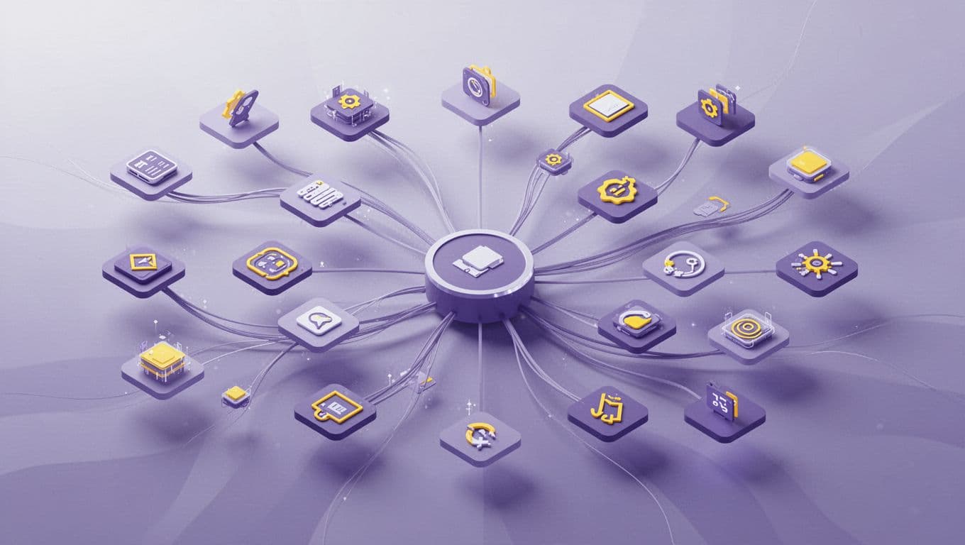 Abstract flow diagram with icons streaming from central hub to podcast platforms in purples and yellows.