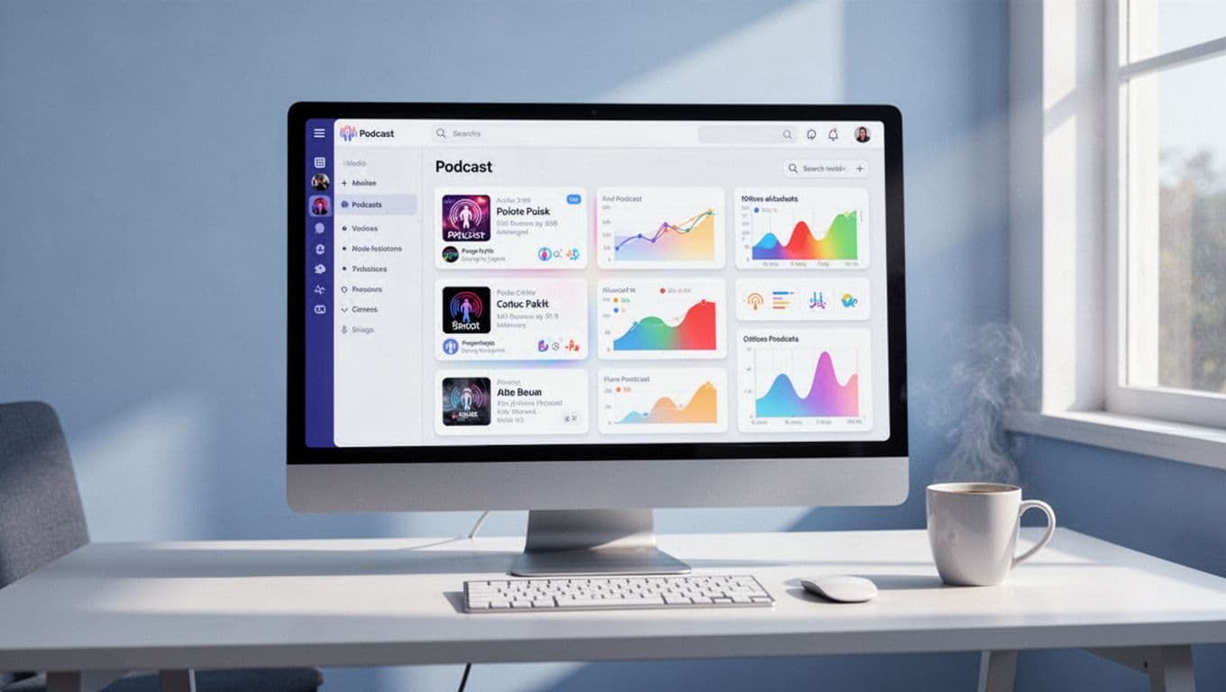 Laptop on clean desk displays podcast network dashboard with shows, episode stats, and analytics graphs beside coffee mug.