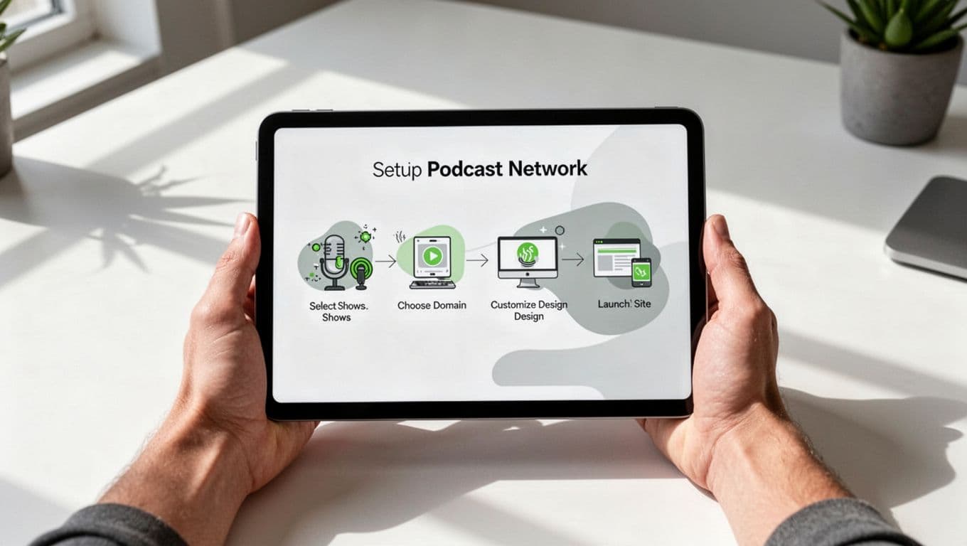 Tablet held in relaxed hands displays flowchart icons for podcast setup steps: selecting shows, domain choice, design customization, site launch.