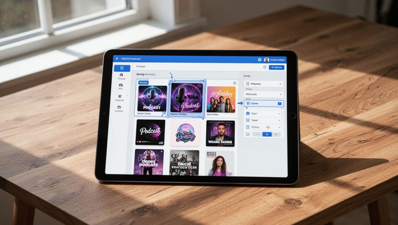 Tablet on wooden table displays podcast network website builder with thumbnail grid and drag-and-drop panels.