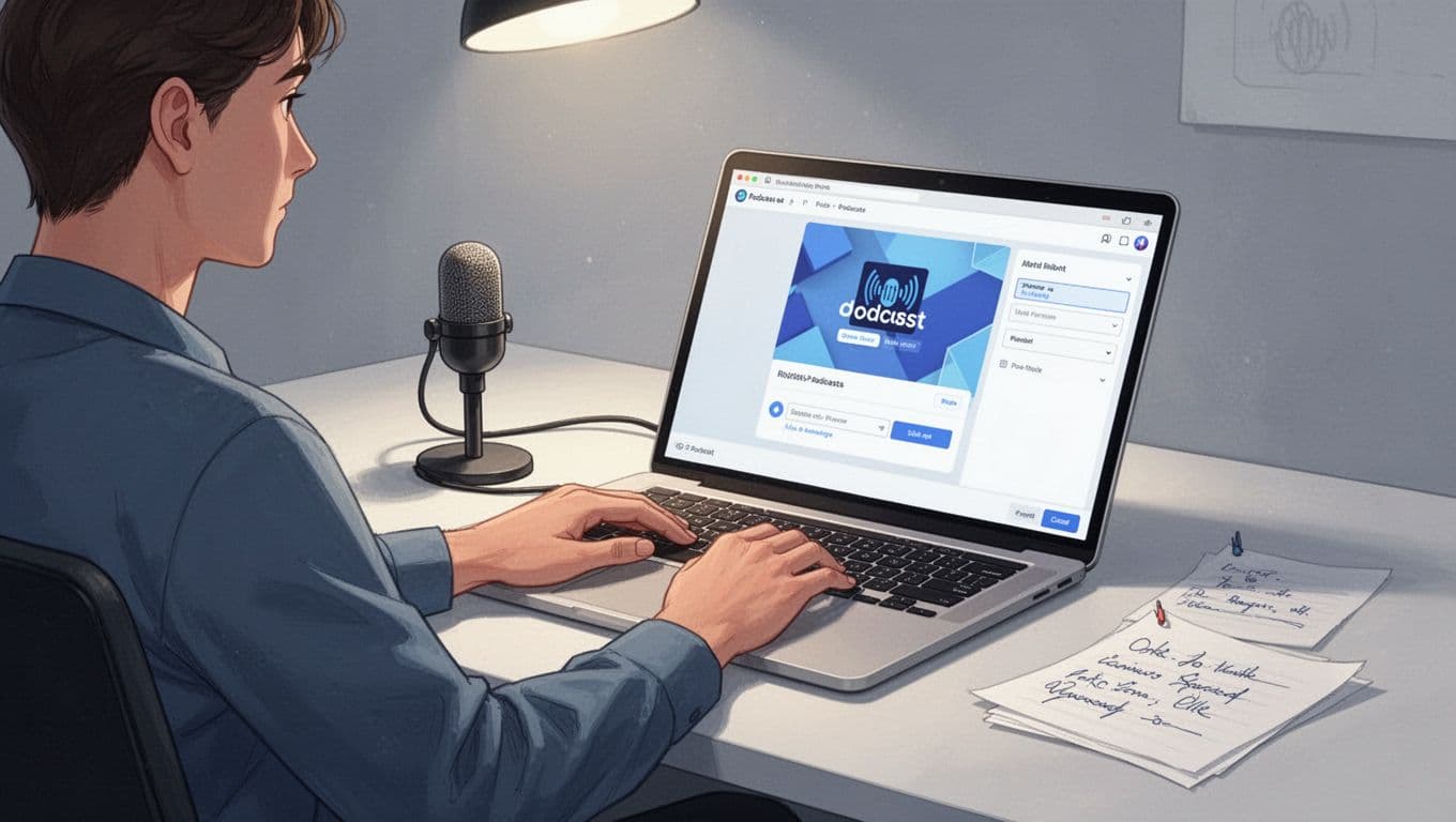 Laptop screen at slight angle shows podcast landing page editor interface, hands on keyboard, desk with microphone and notes.
