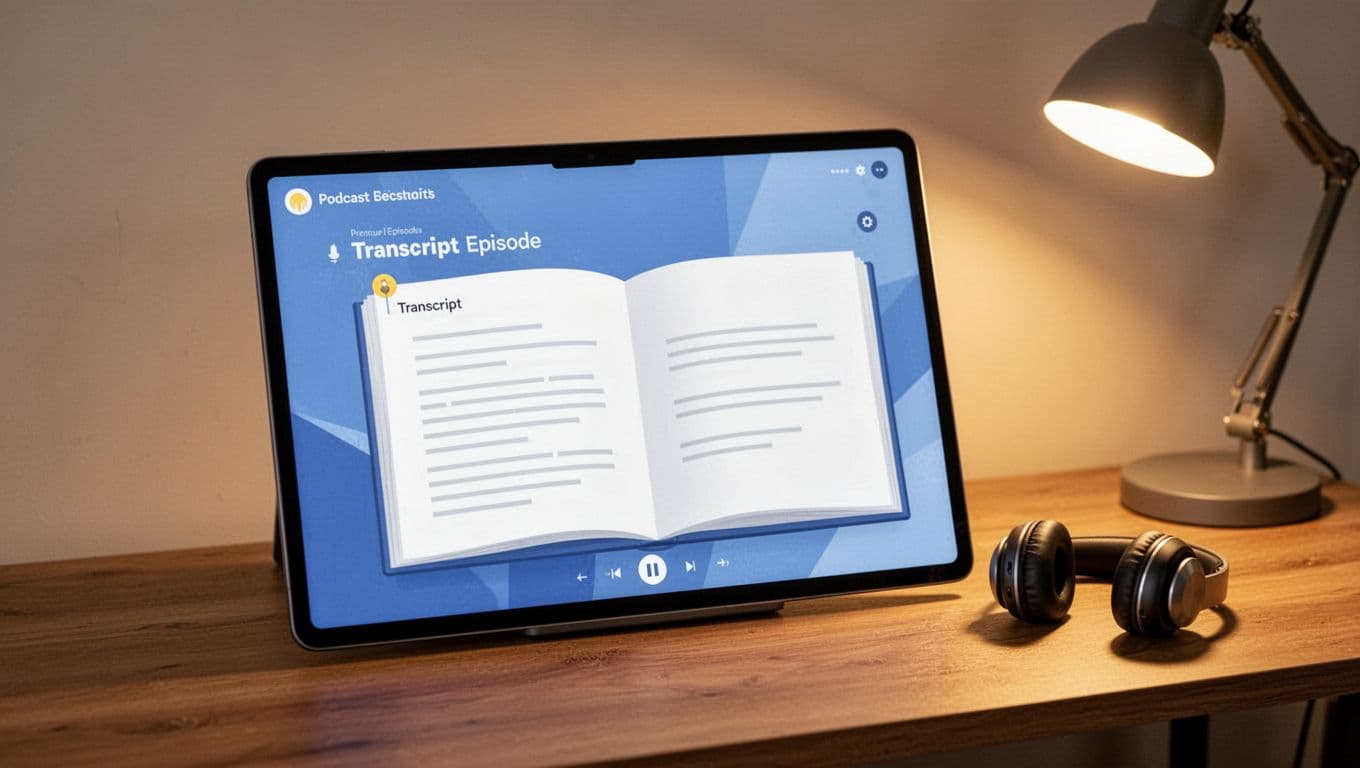 Illustration of angled podcast webpage mockup with open transcript section, headphones on table under warm desk lamp.