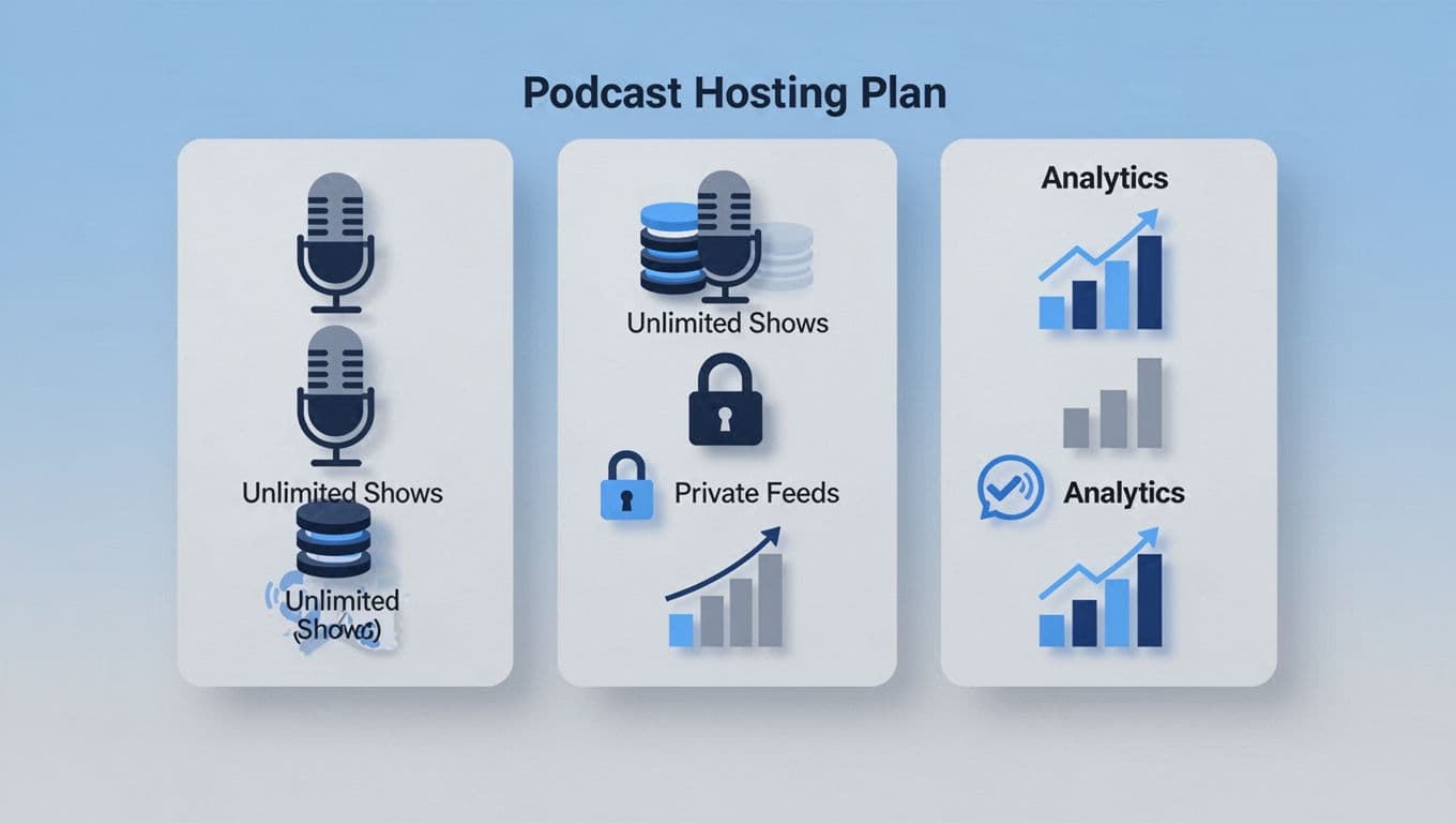 Simple charts compare podcast hosting plans using icons for unlimited shows, private feeds, and analytics.