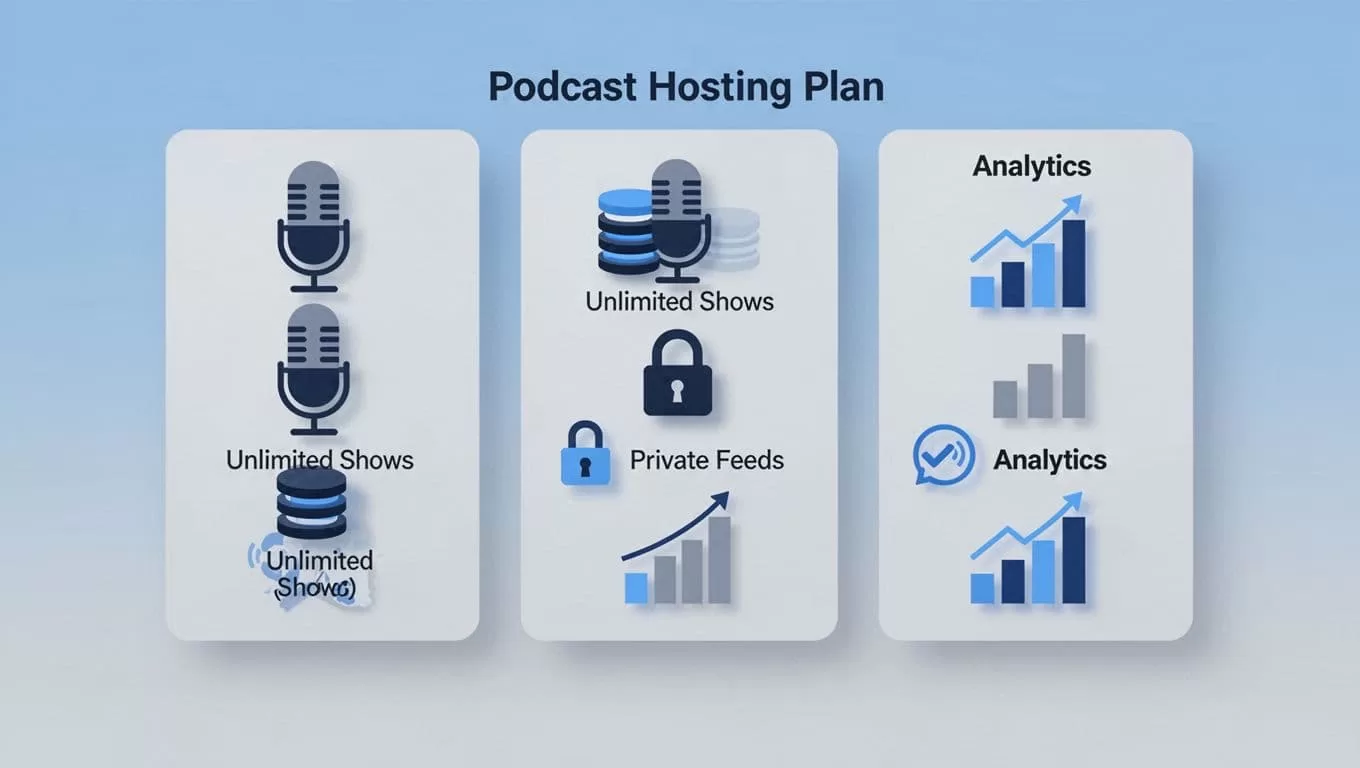 Simple charts compare podcast hosting plans using icons for unlimited shows, private feeds, and analytics.