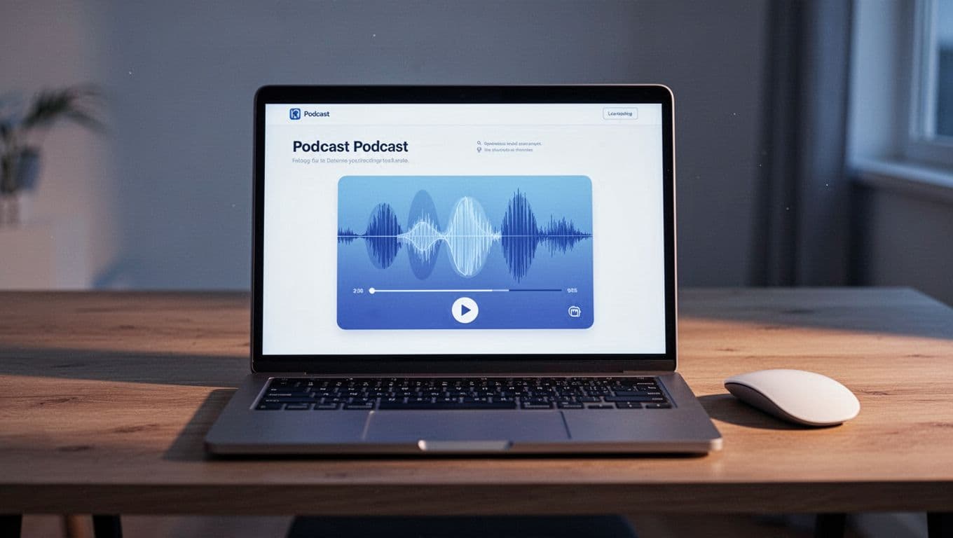 Laptop on desk shows clean blog layout with embedded podcast player displaying waveform and play button.