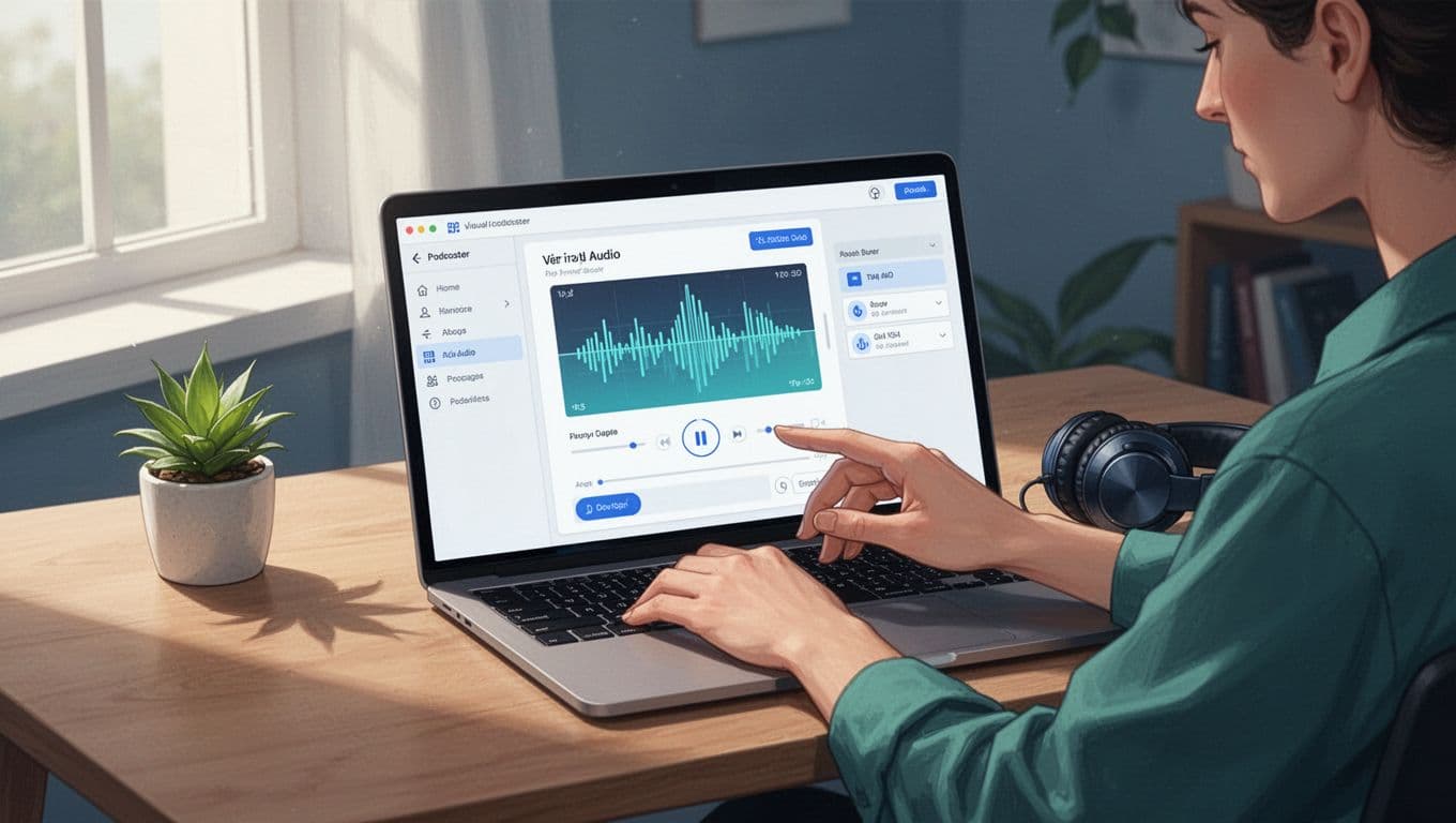 Laptop in home office shows website builder with customizable waveform podcast player, headphones on desk.