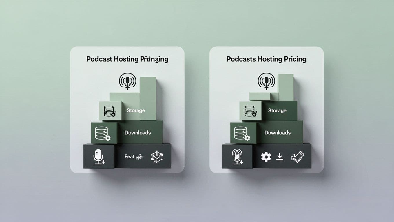 Side-by-side charts on a digital screen display podcast hosting pricing tiers with abstract icons for storage, downloads, and features.