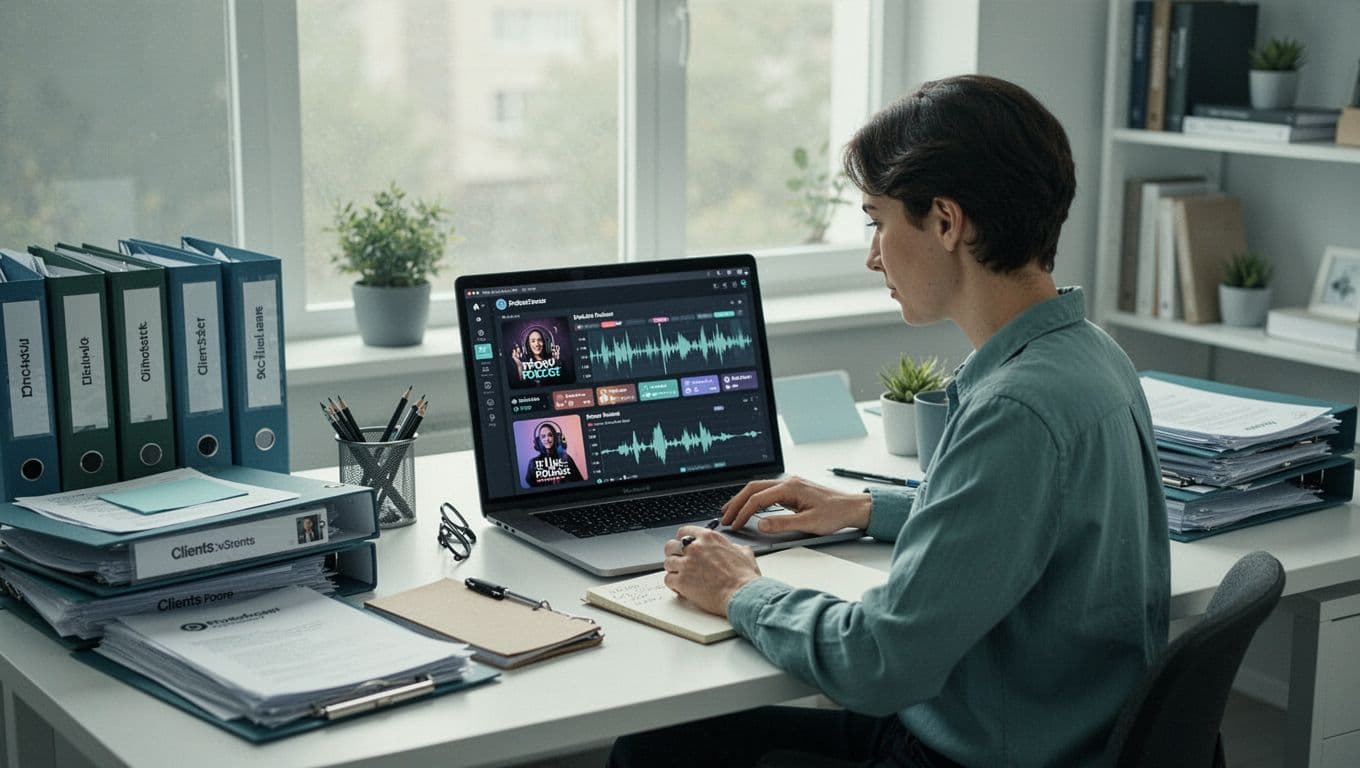 Podcast producer at desk views multiple dashboards on computer screen with client folders nearby in office.