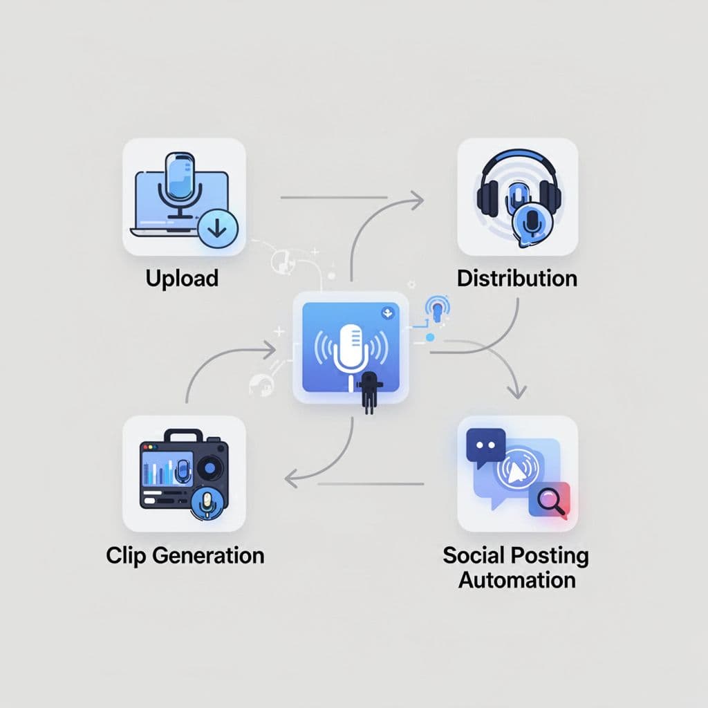 Modern illustration with clean shapes and controlled colors featuring step-by-step icons for podcast upload to distribution, clip generation, and social posting automation in a simple flowchart with arrows on a neutral background.