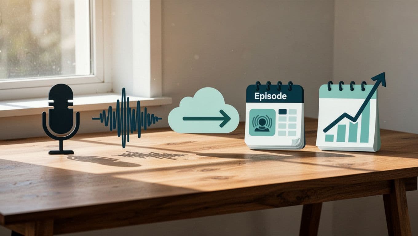 Flowchart on wooden desk shows podcast steps from recording to analytics icons, with microphone, headphones, coffee mug.