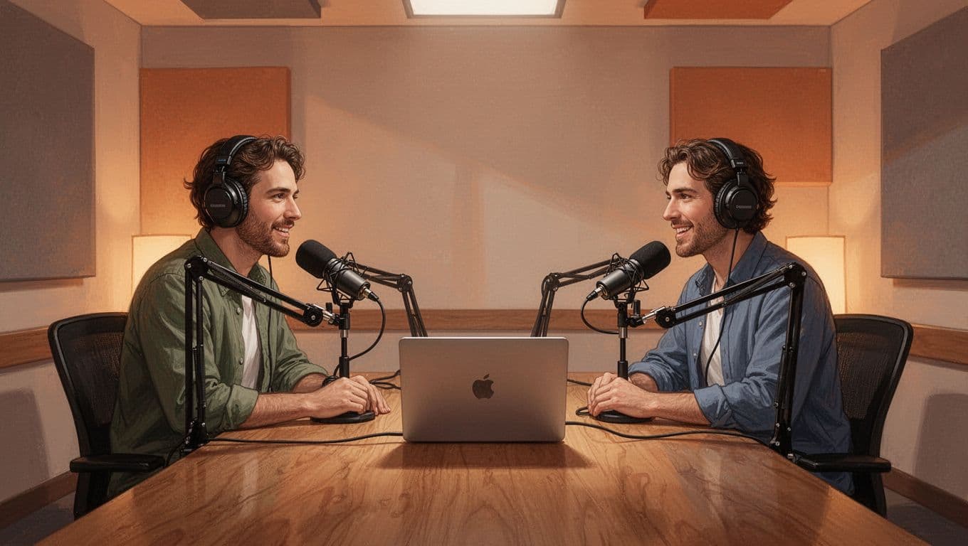 Modern illustration of two podcast hosts with microphones and headphones at a table in a cozy company conference room, laptop open with screen angled away, warm orange and neutral palette.