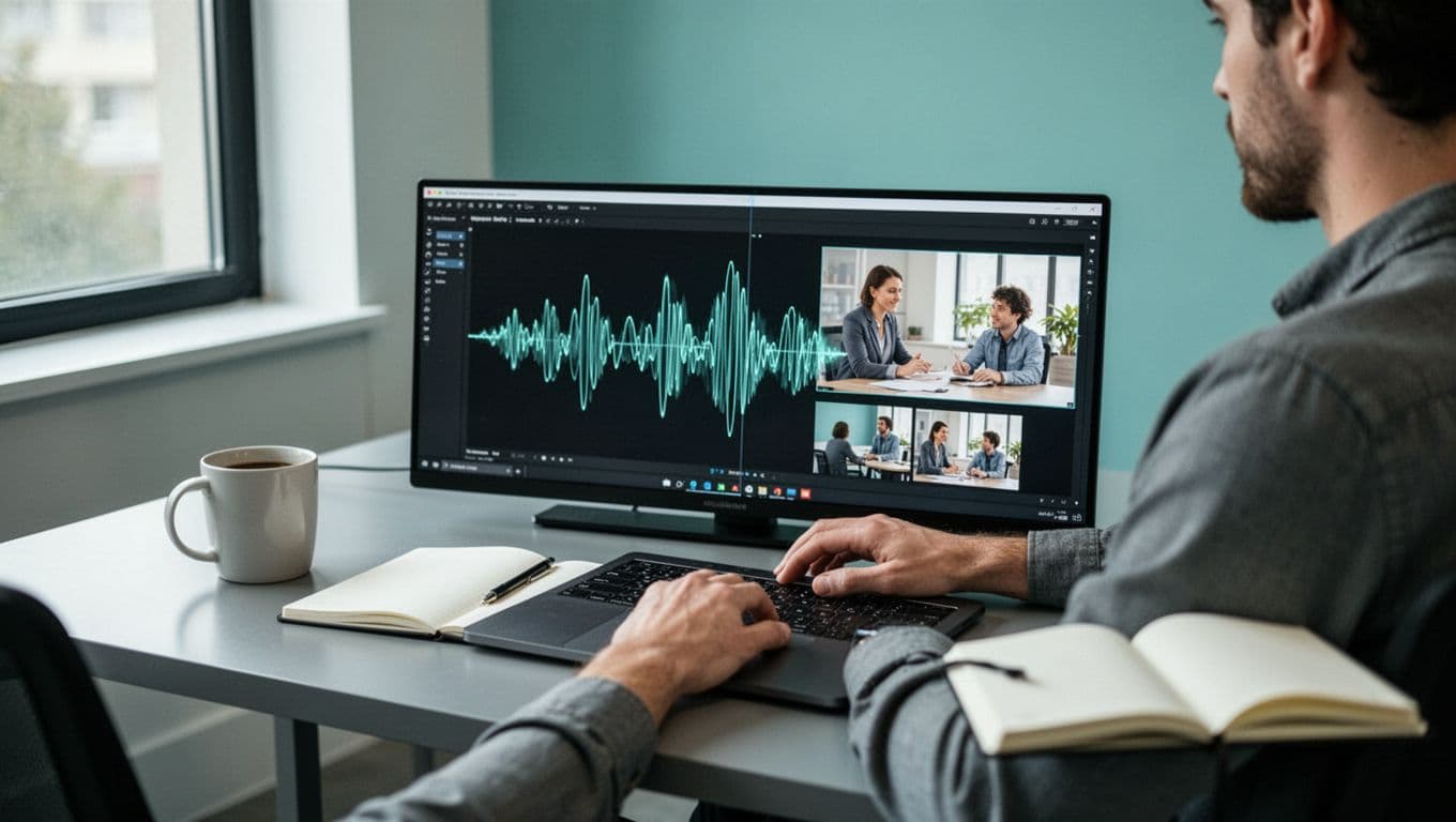 Modern illustration of a B2B marketer at a desk with laptop showing Transistor.fm dashboard and Opus Clip interface side by side, waveform audio turning into video clips, clean office with coffee and notebook.
