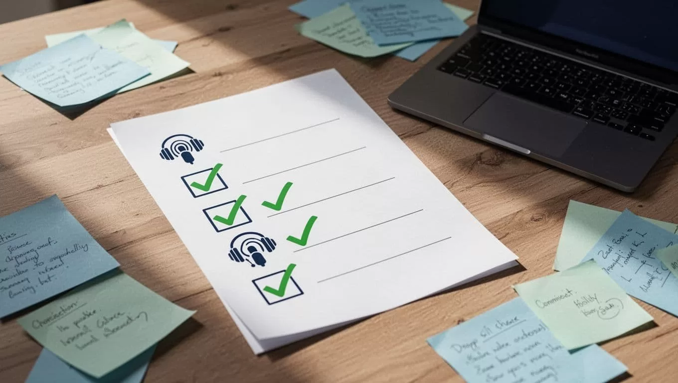 Checklist paper with green checkmarks beside microphone, artwork, and RSS icons on wooden desk next to laptop and notes.