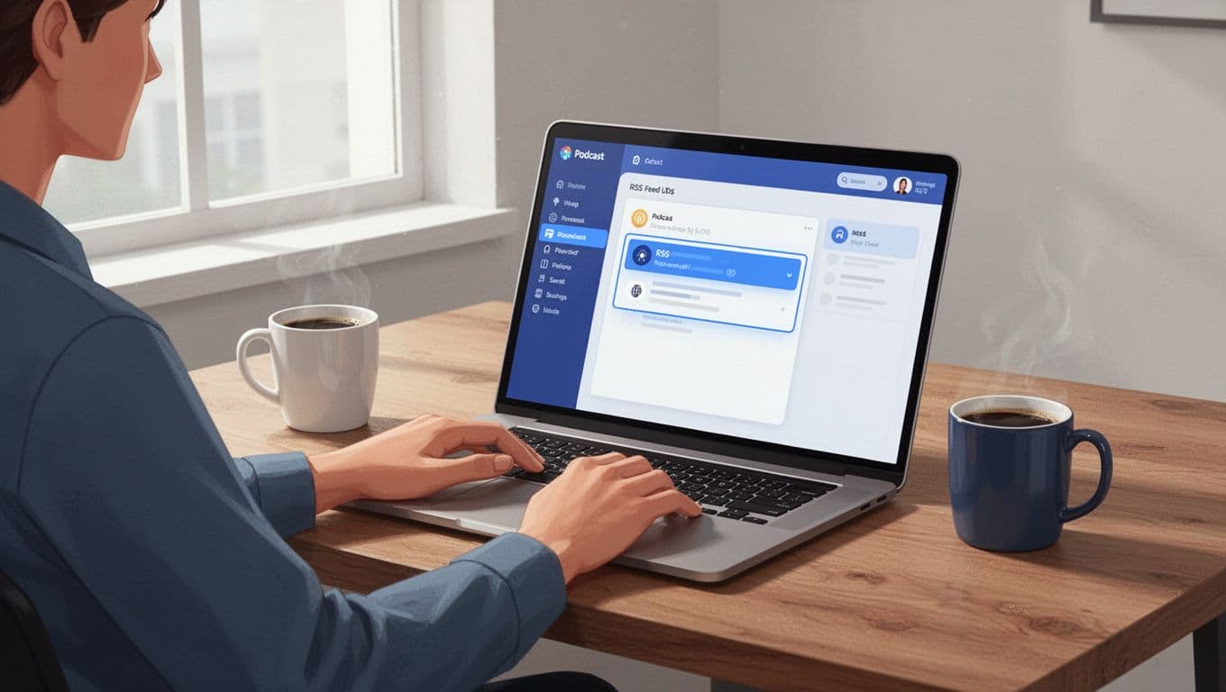 Laptop on wooden desk displays podcast dashboard highlighting RSS section, person seated with hands on keyboard, coffee mug nearby.