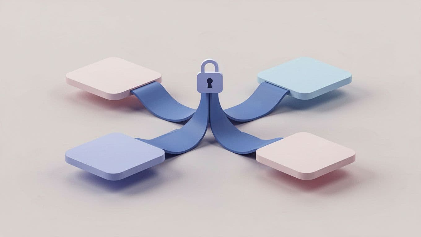 RSS feed branches to multiple abstract platforms secured by ownership lock symbol on neutral background.