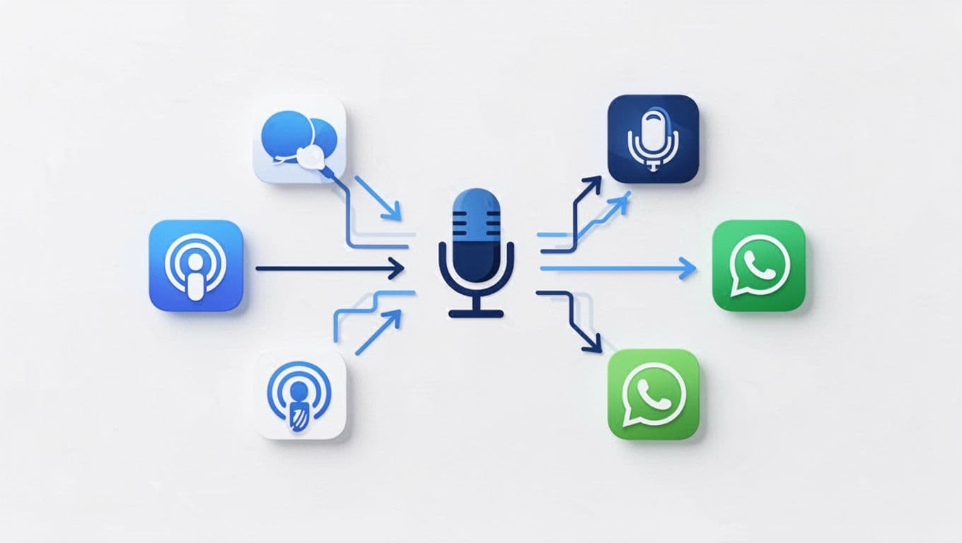 Flowchart from central host icon with arrows branching to Apple Podcasts, Spotify, YouTube, and Pocket Casts icons on white background.