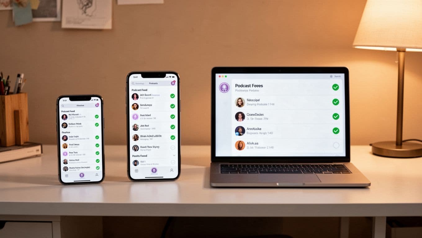 Smartphone and laptop display podcast feeds with RSS icons and green uptime checkmarks in home office.