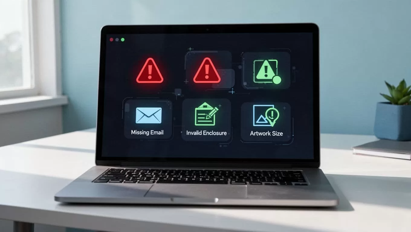 Close-up laptop screen shows dark interface with red warning icons for RSS feed errors like missing iTunes email and invalid enclosure.