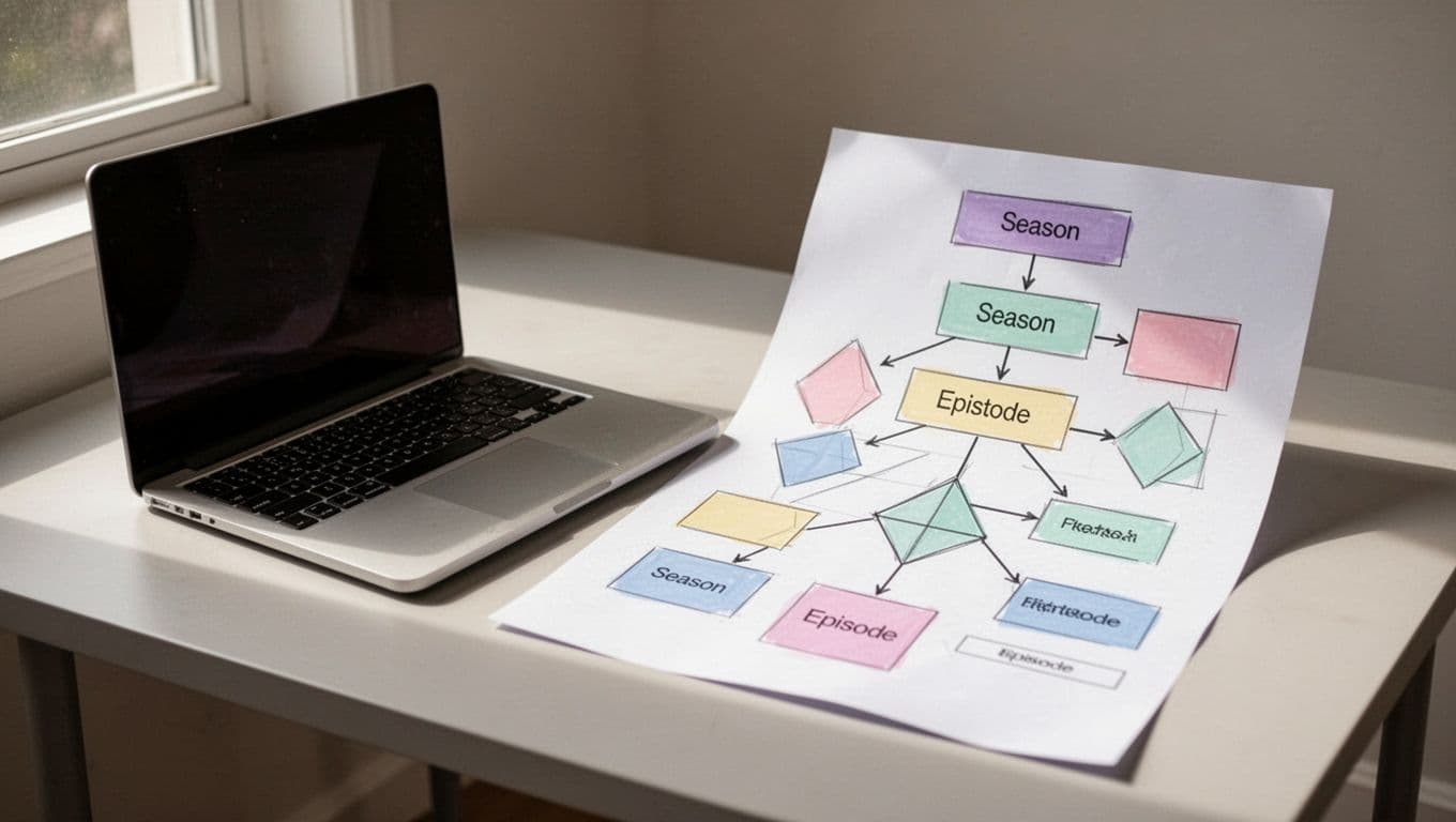 Simple diagram on paper next to laptop shows podcast seasons branching into episodes.