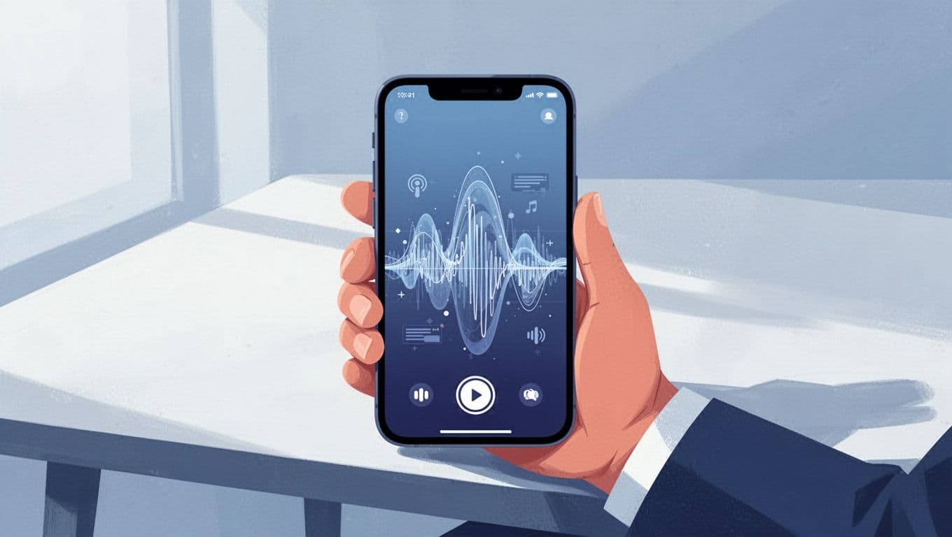 Modern illustration in blues and whites depicting a vertical short video clip on a phone screen showing podcast waveform with animated captions and b-roll footage, held relaxed by one hand on a table with simple background.