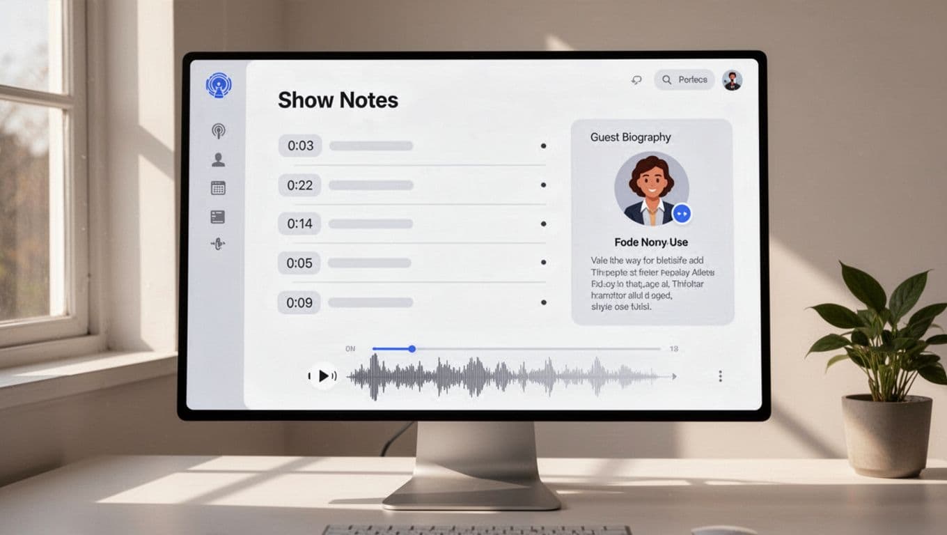 Webpage shows formatted podcast notes with timestamps, guest bio, bullet points, and simple audio player with waveform below.