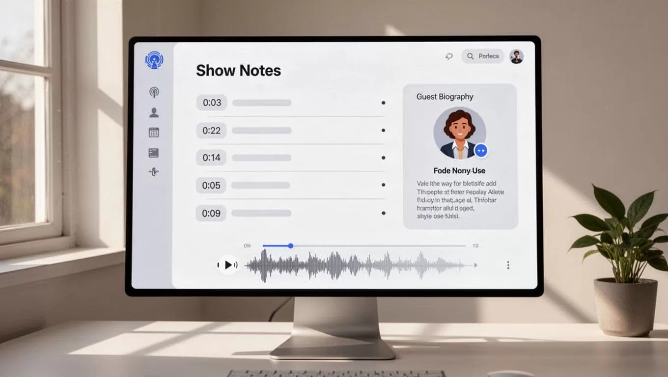 Webpage shows formatted podcast notes with timestamps, guest bio, bullet points, and simple audio player with waveform below.